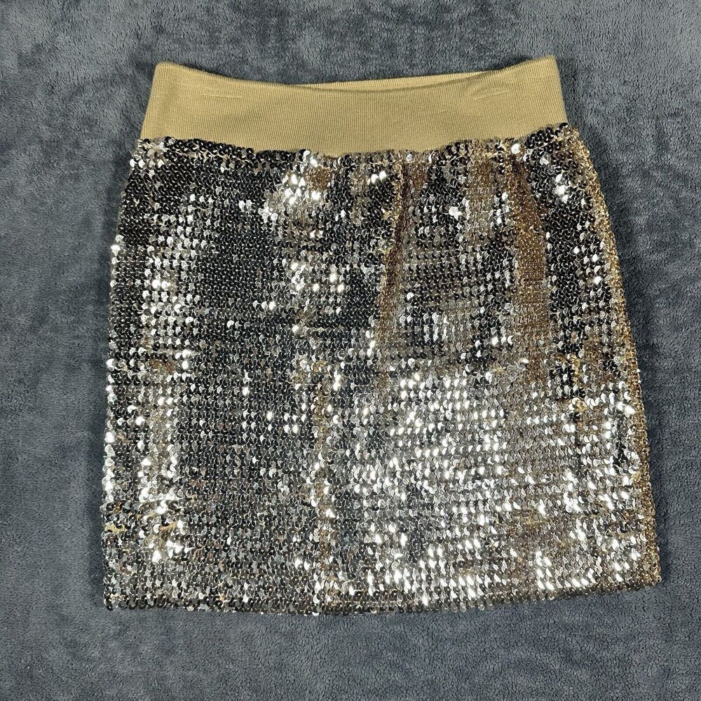 LILY WHITE SzM Gold Sequin Micro Mini Skirt Party NYE Taylor Swift Brat Stretch